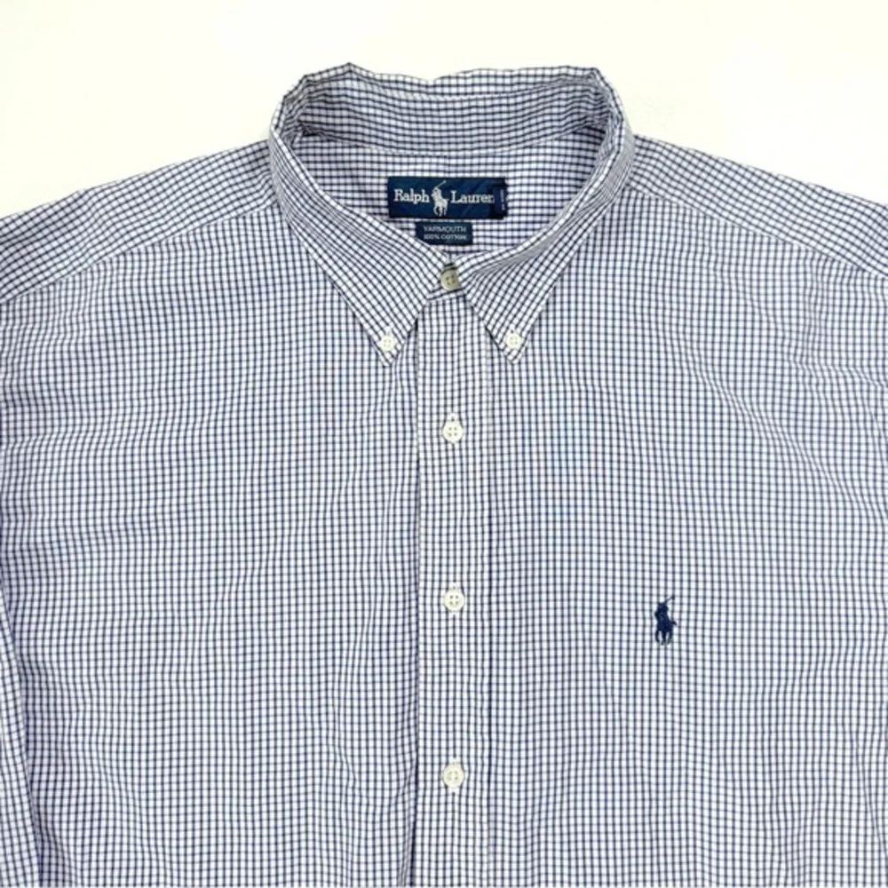 Ralph Lauren Polo Dress Shirt Mens 17.5 35 Navy Blue‎ White 100% Yarmouth Cotton